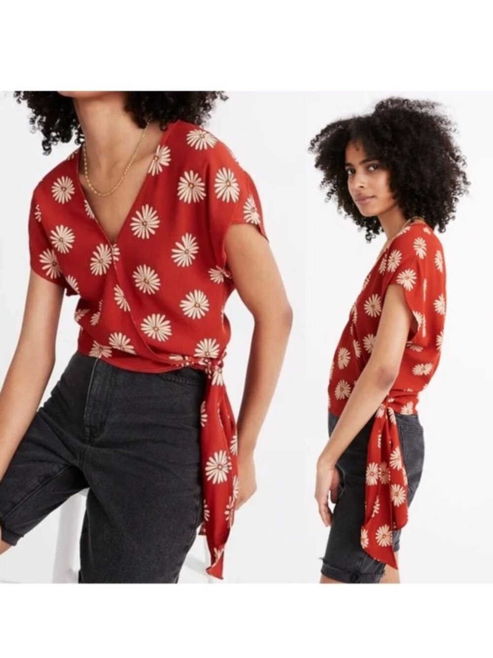 Madewell | Red Sash-Tie Wrap Top in in Daisy Daydream | Size Extra Small